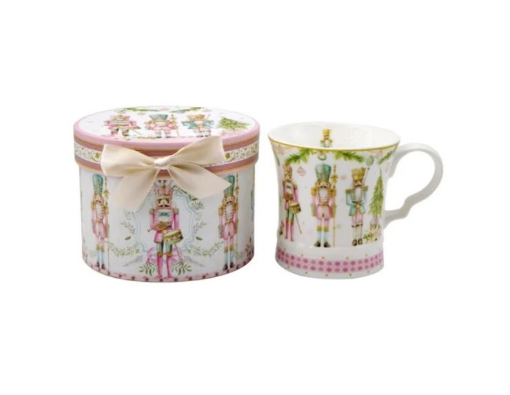 Mug porcelaine blanc casse-noisette rose or liseret doré boîte cadeau ronde ruban beige 320ml - Lilosquare