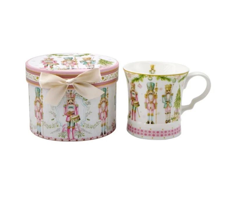 Mug porcelaine blanc casse-noisette rose or liseret doré boîte cadeau ronde ruban beige 320ml - Lilosquare