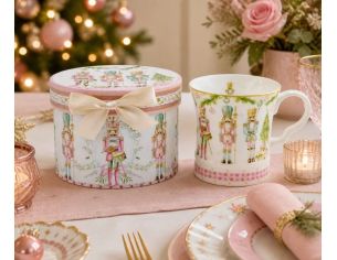 Mug porcelaine blanc casse-noisette rose or liseret doré boîte cadeau ronde ruban beige 320ml - Lilosquare