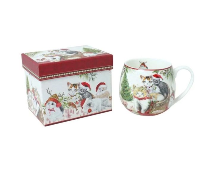 Mug Noël porcelaine chatons bonnet Père Noël rennes sapin rouge blanc boîte cadeau 480ml - Lilosquare