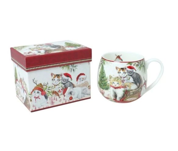 Mug Noël porcelaine chatons bonnet Père Noël rennes sapin rouge blanc boîte cadeau 480ml - Lilosquare