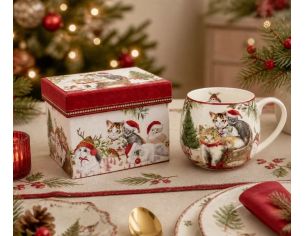 Mug Noël porcelaine chatons bonnet Père Noël rennes sapin rouge blanc boîte cadeau 480ml - Lilosquare
