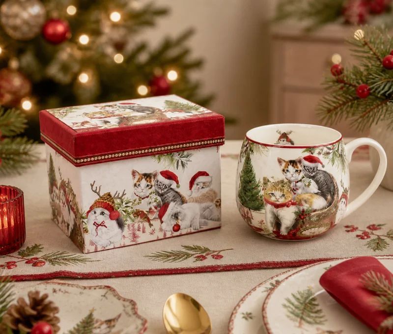Mug Noël porcelaine chatons bonnet Père Noël rennes sapin rouge blanc boîte cadeau 480ml - Lilosquare
