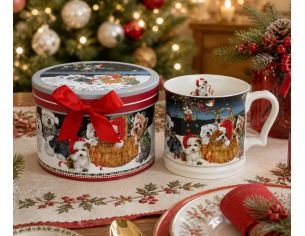 Mug Noël porcelaine chiens bonnet Père Noël panier nuit étoilée boîte cadeau ronde rouge 400ml - Lilosquare