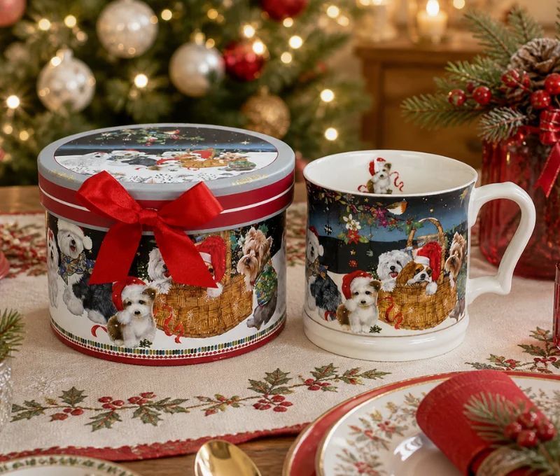 Mug Noël porcelaine chiens bonnet Père Noël panier nuit étoilée boîte cadeau ronde rouge 400ml - Lilosquare