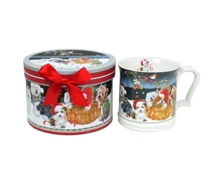 Mug Noël porcelaine chiens bonnet Père Noël panier nuit étoilée boîte cadeau ronde rouge 400ml - Lilosquare