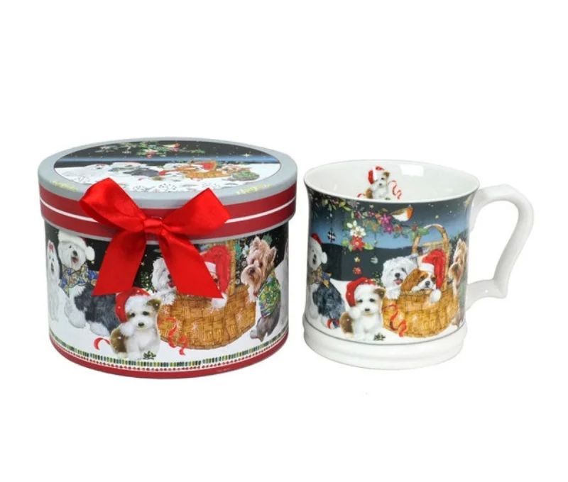 Mug Noël porcelaine chiens bonnet Père Noël panier nuit étoilée boîte cadeau ronde rouge 400ml - Lilosquare