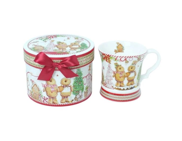Mug Noël porcelaine personnages pain d'épices sucre d'orge maison bonbon sapin boîte cadeau ronde rouge 320ml - Lilosquare