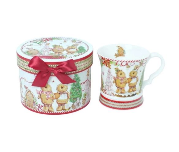 Mug Noël porcelaine personnages pain d'épices sucre d'orge maison bonbon sapin boîte cadeau ronde rouge 320ml - Lilosquare
