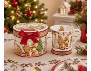 Mug Noël porcelaine personnages pain d'épices sucre d'orge maison bonbon sapin boîte cadeau ronde rouge 320ml - Lilosquare