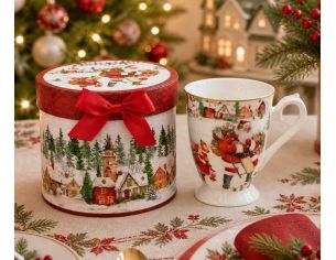 Mug Noël porcelaine piédestal Père Noël village enneigé liseré or boîte cadeau ronde rouge ruban 320ml - Lilosquare