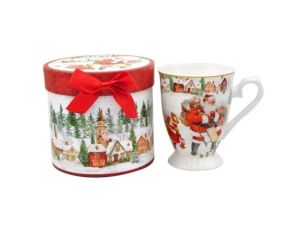 Mug Noël porcelaine piédestal Père Noël village enneigé liseré or boîte cadeau ronde rouge ruban 320ml - Lilosquare