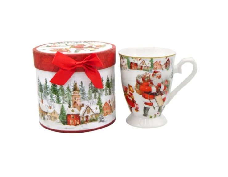 Mug Noël porcelaine piédestal Père Noël village enneigé liseré or boîte cadeau ronde rouge ruban 320ml - Lilosquare