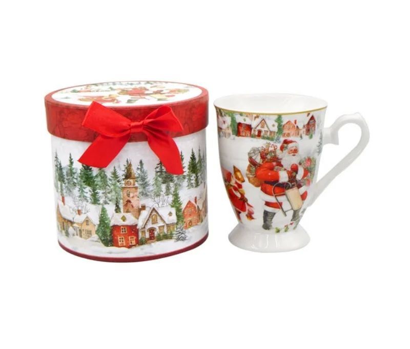 Mug Noël porcelaine piédestal Père Noël village enneigé liseré or boîte cadeau ronde rouge ruban 320ml - Lilosquare