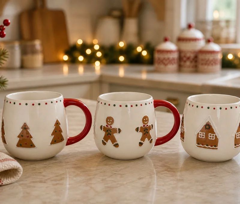 Mug Noël céramique blanc arrondi sapins pain d'épices décor points rouges anse rouge 320ml - Lilosquare