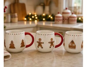 Mug Noël céramique blanc arrondi bonhomme pain d'épices décor points rouges anse rouge 320ml - Lilosquare