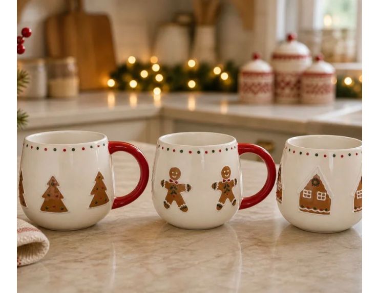 Mug Noël céramique blanc arrondi bonhomme pain d'épices décor points rouges anse rouge 320ml - Lilosquare