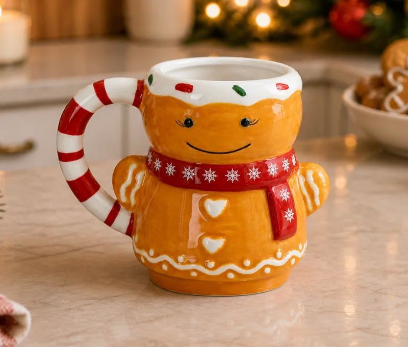 Tasse Noël céramique figurine bonhomme pain d'épices 3D écharpe rouge anse sucre d'orge glaçage 320ml - Lilosquare