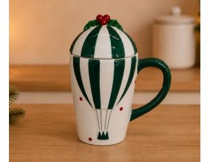 Tasse Noël porcelaine montgolfière rayée vert blanc couvercle houx baies rouges anse verte 400ml H18cm - Lilosquare