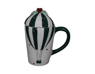 Tasse Noël porcelaine montgolfière rayée vert blanc couvercle houx baies rouges anse verte 400ml H18cm - Lilosquare