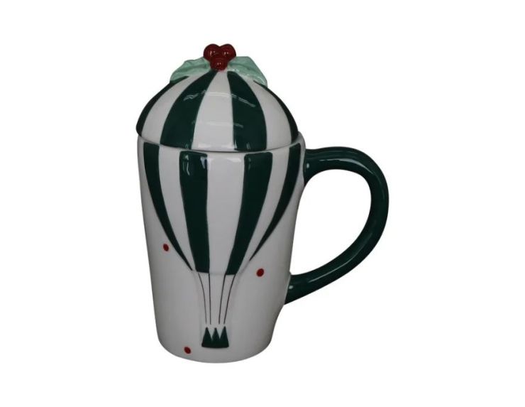 Tasse Noël porcelaine montgolfière rayée vert blanc couvercle houx baies rouges anse verte 400ml H18cm - Lilosquare