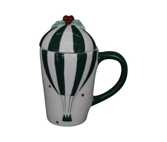 Tasse Noël porcelaine montgolfière rayée vert blanc couvercle houx baies rouges anse verte 400ml H18cm - Lilosquare