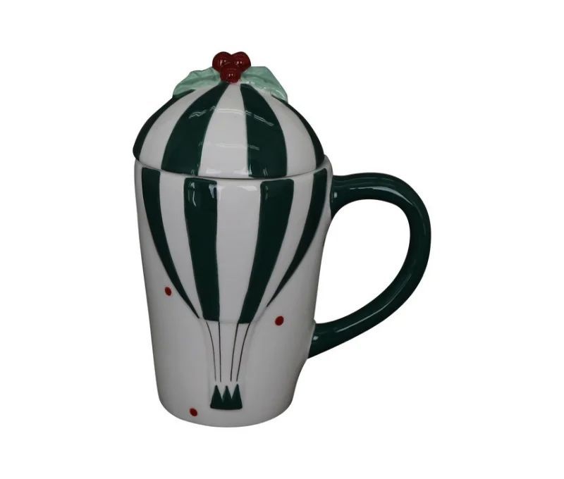 Tasse Noël porcelaine montgolfière rayée vert blanc couvercle houx baies rouges anse verte 400ml H18cm - Lilosquare