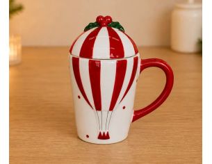 Tasse Noël porcelaine montgolfière rayée rouge blanc couvercle houx baies rouges anse rouge 400ml H18cm - Lilosquare
