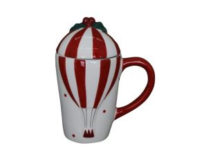 Tasse Noël porcelaine montgolfière rayée rouge blanc couvercle houx baies rouges anse rouge 400ml H18cm - Lilosquare