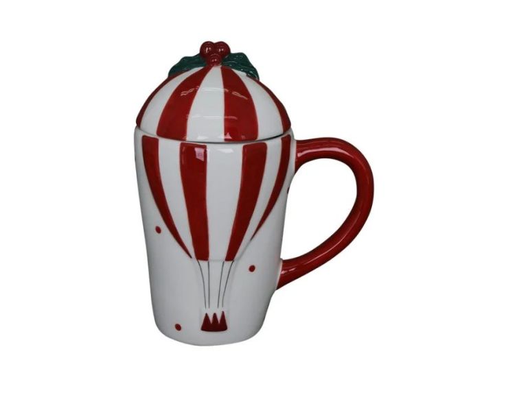 Tasse Noël porcelaine montgolfière rayée rouge blanc couvercle houx baies rouges anse rouge 400ml H18cm - Lilosquare