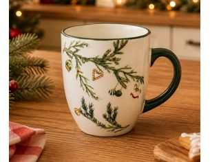 Tasse Noël céramique blanche branches sapin vert décorations boules cœur sucre d'orge liseré vert anse verte 300ml - Lilosquare