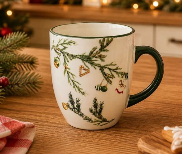 Tasse Noël céramique blanche branches sapin vert décorations boules cœur sucre d'orge liseré vert anse verte 300ml - Lilosquare