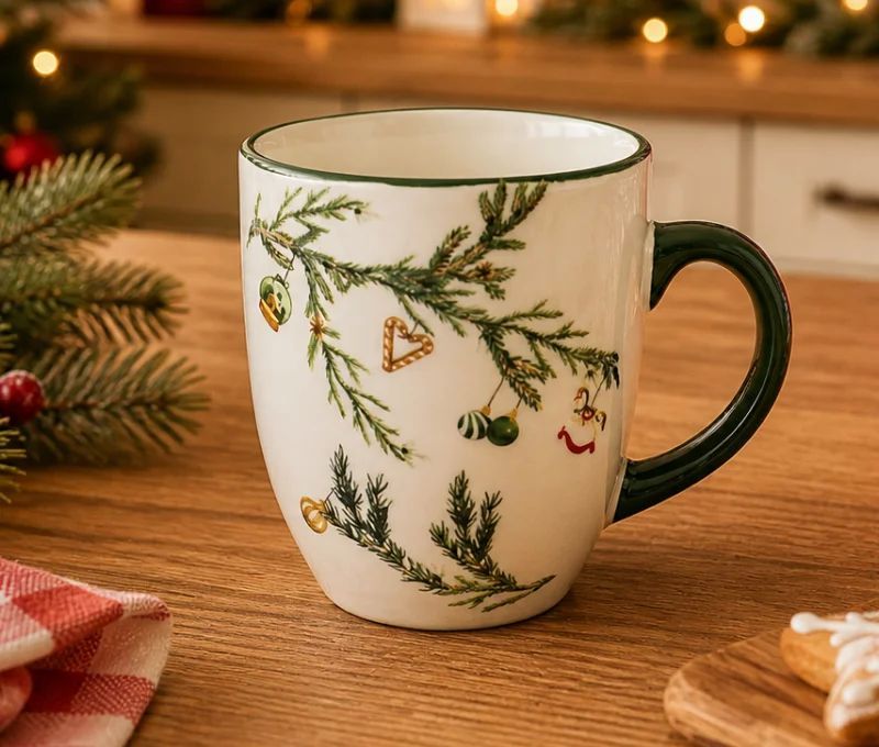 Tasse Noël céramique blanche branches sapin vert décorations boules cœur sucre d'orge liseré vert anse verte 300ml - Lilosquare
