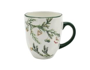 Tasse Noël céramique blanche branches sapin vert décorations boules cœur sucre d'orge liseré vert anse verte 300ml - Lilosquare