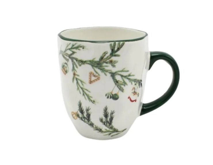Tasse Noël céramique blanche branches sapin vert décorations boules cœur sucre d'orge liseré vert anse verte 300ml - Lilosquare