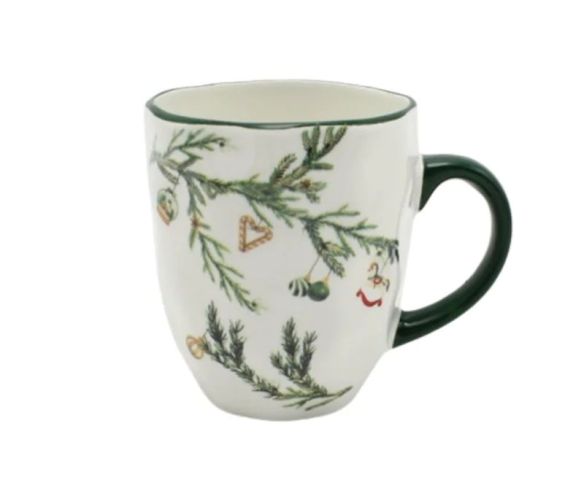 Tasse Noël céramique blanche branches sapin vert décorations boules cœur sucre d'orge liseré vert anse verte 300ml - Lilosquare