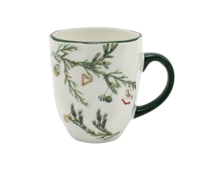 Tasse Noël céramique blanche branches sapin vert décorations boules cœur sucre d'orge liseré vert anse verte 300ml - Lilosquare