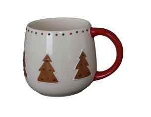Mug Noël céramique blanc arrondi sapins pain d'épices décor points rouges anse rouge 320ml - Lilosquare