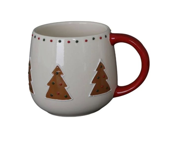 Mug Noël céramique blanc arrondi sapins pain d'épices décor points rouges anse rouge 320ml - Lilosquare