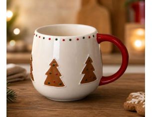 Mug Noël céramique blanc arrondi sapins pain d'épices décor points rouges anse rouge 320ml - Lilosquare