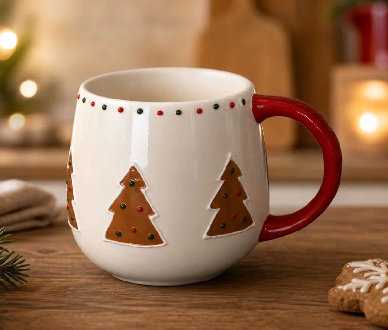 Mug Noël céramique blanc arrondi sapins pain d'épices décor points rouges anse rouge 320ml - Lilosquare