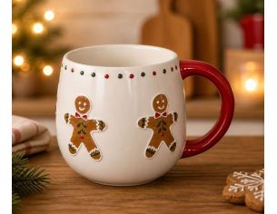 Mug Noël céramique blanc arrondi bonhomme pain d'épices décor points rouges anse rouge 320ml - Lilosquare