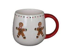 Mug Noël céramique blanc arrondi bonhomme pain d'épices décor points rouges anse rouge 320ml - Lilosquare