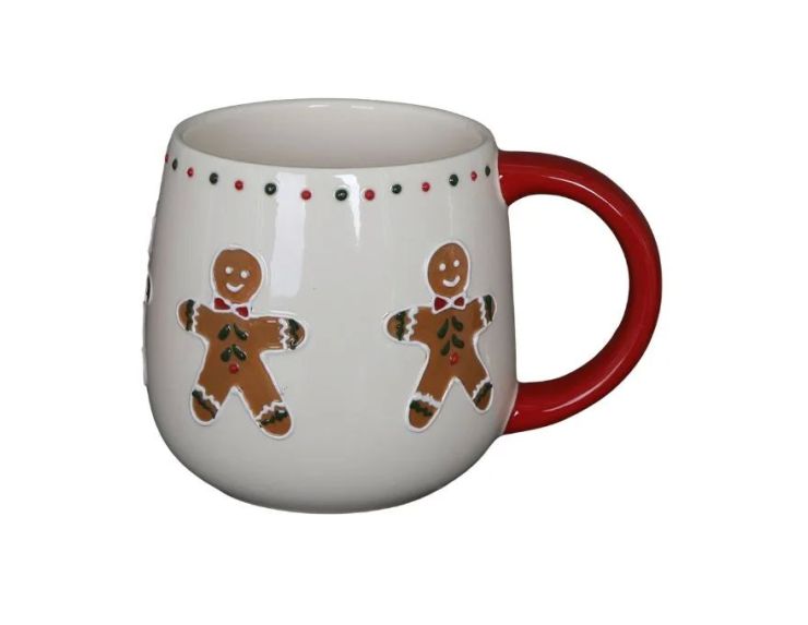 Mug Noël céramique blanc arrondi bonhomme pain d'épices décor points rouges anse rouge 320ml - Lilosquare