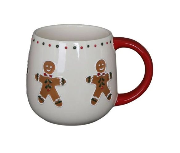 Mug Noël céramique blanc arrondi bonhomme pain d'épices décor points rouges anse rouge 320ml - Lilosquare