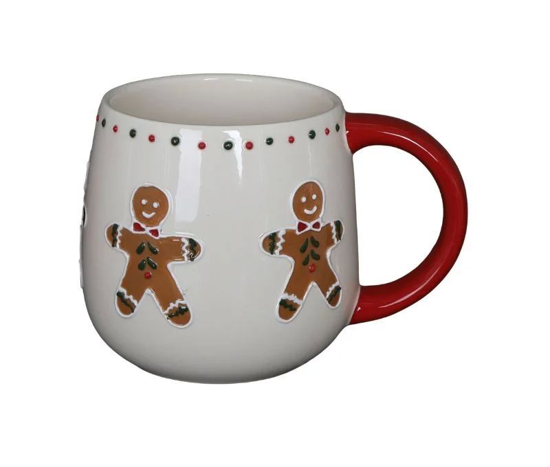 Mug Noël céramique blanc arrondi bonhomme pain d'épices décor points rouges anse rouge 320ml - Lilosquare