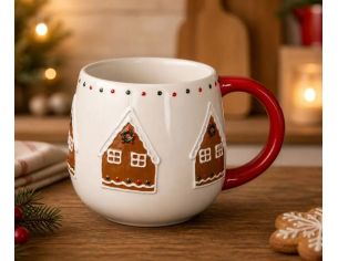 Mug Noël céramique blanc arrondi maison pain d'épices glaçage blanc couronne houx anse rouge 320ml - Lilosquare