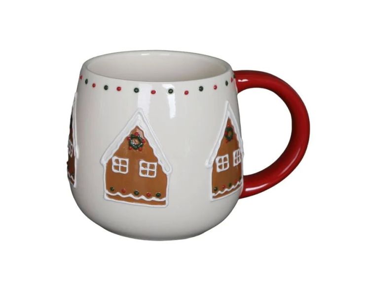 Mug Noël céramique blanc arrondi maison pain d'épices glaçage blanc couronne houx anse rouge 320ml - Lilosquare