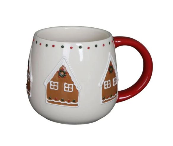 Mug Noël céramique blanc arrondi maison pain d'épices glaçage blanc couronne houx anse rouge 320ml - Lilosquare