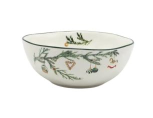 Bol Noël céramique blanc branches sapin vert décorations suspendues boule sucre d'orge cheval bascule liseré vert Ø12,5cm